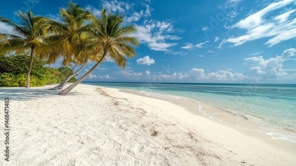 Fototapeta Idyllic Tropical Beach Scene White Sand Beach Palm Trees Azure Ocean