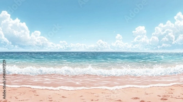 Fototapeta Serene Beach Scene Tranquil Ocean Waves Gently Lap Pink Sand Under a Sunny Sky