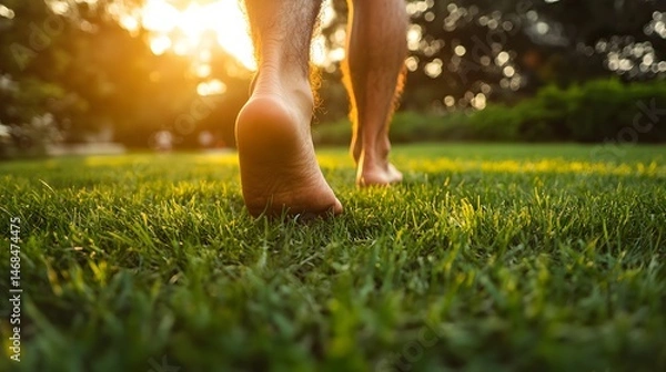 Fototapeta Bare feet walking on grass at sunset, capturing a sense of freedom, nature, and relaxation. Ground-level shot with sun-kissed grass.