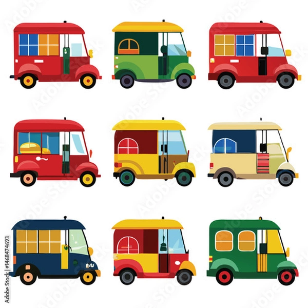 Fototapeta Nine  classic Auto-rickshaw arranged on a white background.