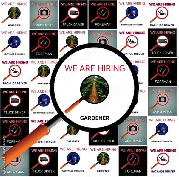 Fototapeta social network concept, text we are looking gardener in magnifying glass .Vector illustration 