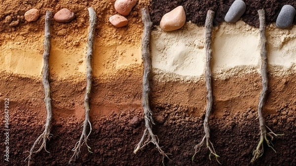 Obraz Vineyard soil texture comparison showing stratified layers of different soil compositions with established vine roots and natural stone elements in warm golden illumination