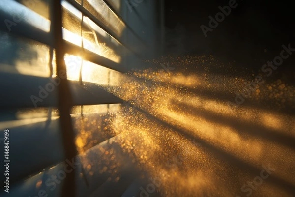 Fototapeta Dust Particles Dance in Golden Sunbeam Streaming Through Window Blinds During Early Morning Hours Generative AI
