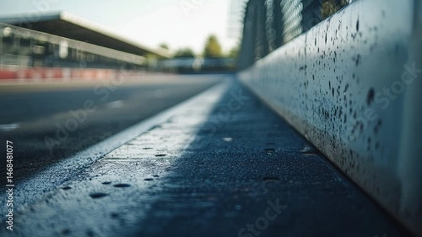 Fototapeta A close-up view of an empty F1 track, highlighting the smooth asphalt and surrounding barriers, bathed in soft morning light, evoking a sense of anticipation and freedom.