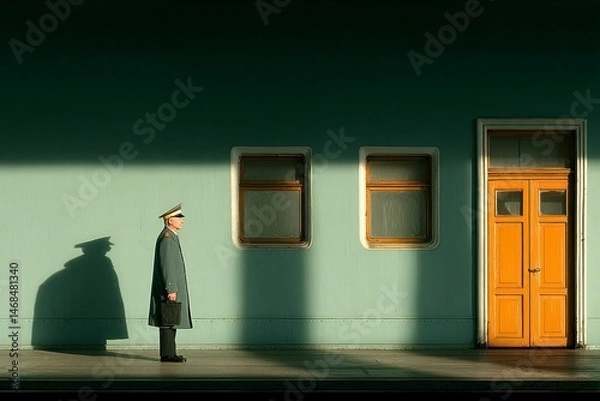 Obraz Uniformed figure standing in front of a brightly lit doorway with shadow cast on the wall evok