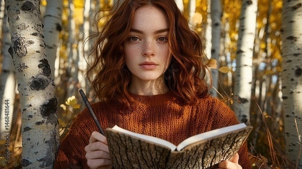 Obraz Aspen bark texture highlighted with distinctive white trunks surrounding freckled woman absorbed in book, warm autumn colors creating perfect natural background