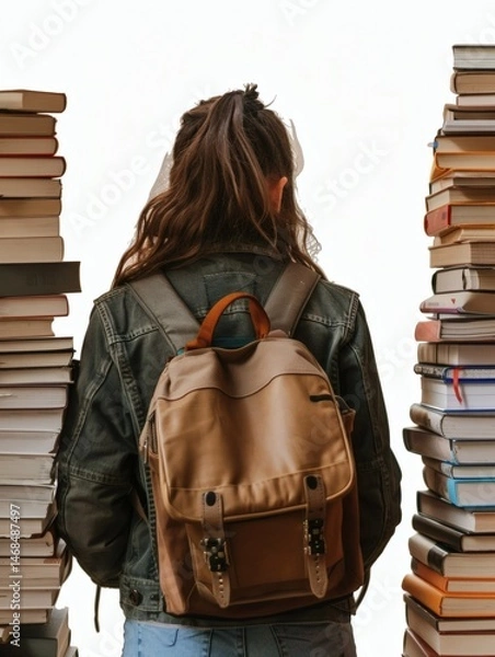 Fototapeta Student surrounded by stacks of books with a backpack