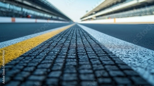 Obraz A close-up view of an empty Formula 1 track, showcasing the textured racing surface and parallel lines extending into the distance under clear skies.