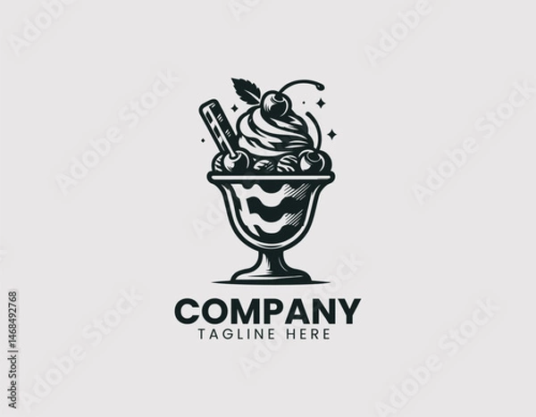 Obraz Ice Cream Sundae in Glass Whipped Cream Chocolate Sauce Cherry Vector Logo Design, Sundae in Glass Whipped Cream Chocolate Cherry Logo Vector