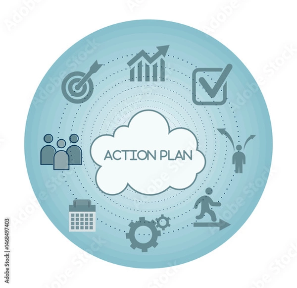 Obraz Action Plan Concept With Icons in Blue Circular Layout.