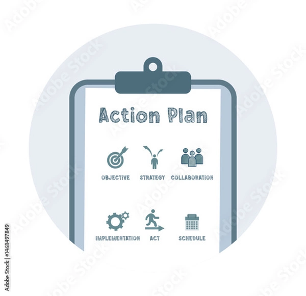 Obraz Action Plan Concept with Strategy and Collaboration Icons on Clipboard.