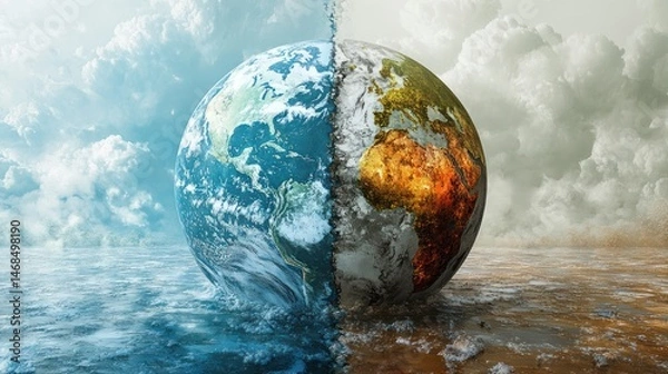 Fototapeta A divided world: contrasting images of a planet facing climate change.