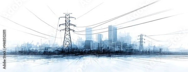 Obraz Cityscape power lines energy grid