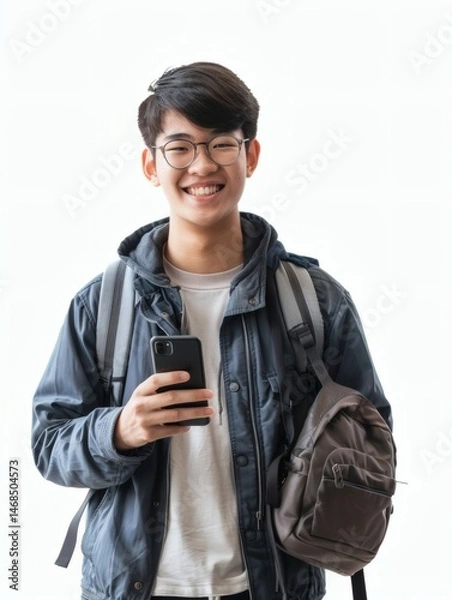 Fototapeta Smiling student with glasses holding a smartphone and backpack