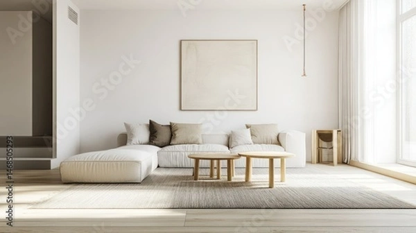 Fototapeta Serene minimalist living room with natural light and neutral tones