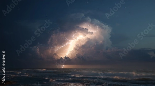 Fototapeta Dramatic thunderstorm over turbulent ocean waters showcasing bright lightning at dusk
