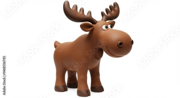 Obraz Adorable cartoon moose figurine standing on a white background perfect for children's illustrations and holiday themed designs, featuring a charming smile and playful antlers