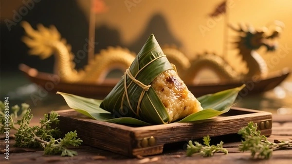 Obraz A vibrant zongzi wrapped in bamboo leaves on a wooden tray with mugwort sprigs, celebrating Dragon Boat Festival traditions.