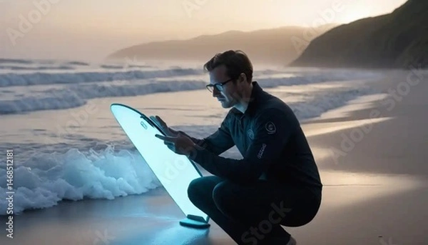 Obraz Modern surfer interacting with digital surfboard at tranquil seashore during dawn hours