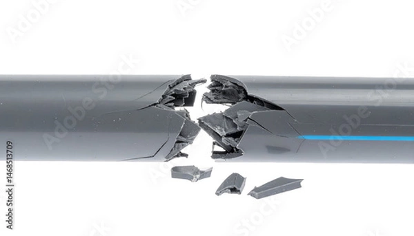 Fototapeta A grey pipe is broken in the middle against a white background.