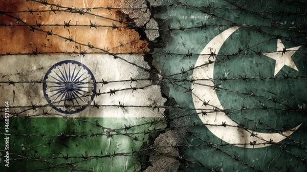 Fototapeta The flags of India and Pakistan are divided by a barbed wire fence, representing conflict and division.