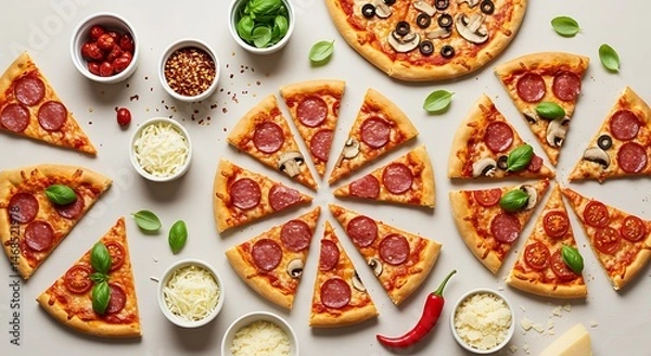 Fototapeta Arrangement of Pizza Slices with Toppings and Spices