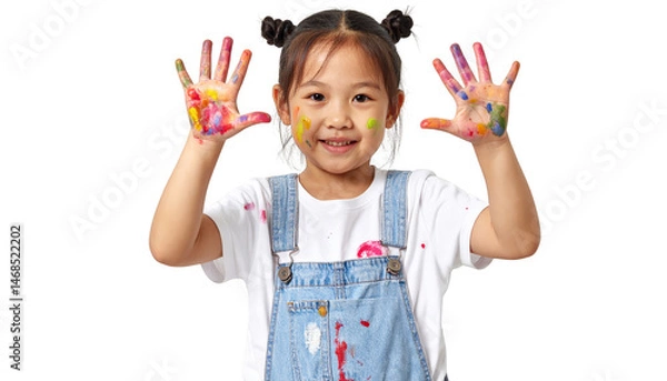 Fototapeta Colorful handprints, a little girl explores creativity and playful learning through vibrant colors