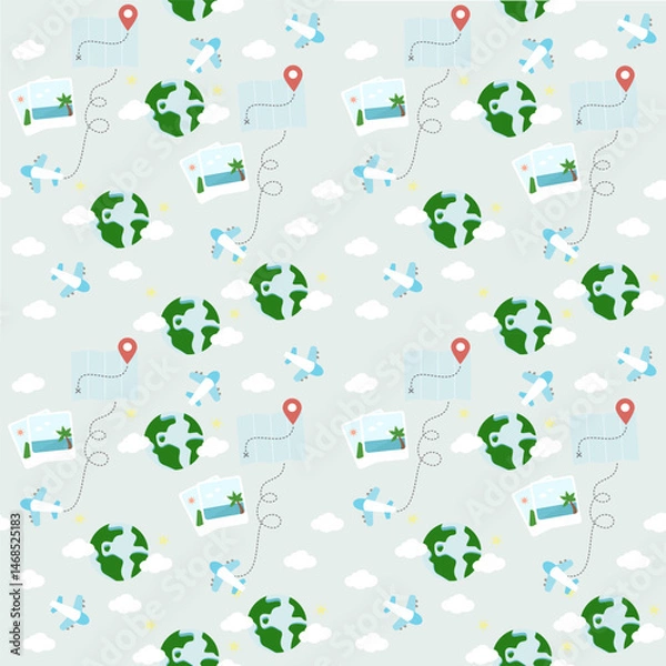 Obraz Travel and Tourism Seamless Vector Pattern – Maps, Airplanes, Adventure Icons