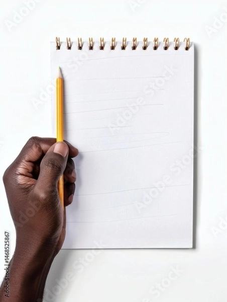 Fototapeta Hand holding a pencil over a blank notepad