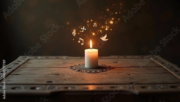Fototapeta single candle a top an antique weathered wooden table. candle on a wooden table flame dances with a soft glow Floating above, faint, ethereal musical notes intertwine with symbols of Christian cross