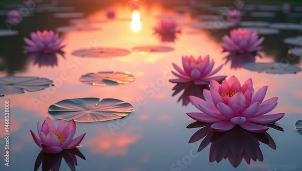 Fototapeta lotus pond bathed in the warm glow of the setting sun