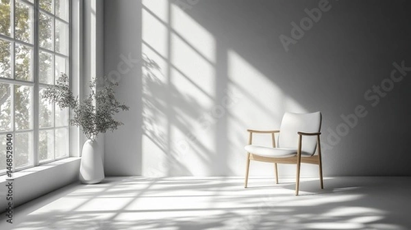 Fototapeta Minimalist White Interior with Wooden Chair Vase and Sunlight Through Window