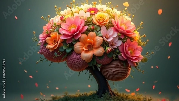 Fototapeta digital painting of a floral brain vibrant wildflowers and lush greenery a human brain 