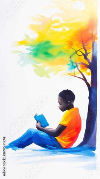 Fototapeta Young African American Boy Reading a Book Under a Tree Representing Growth and Knowledge in a Serene Setting