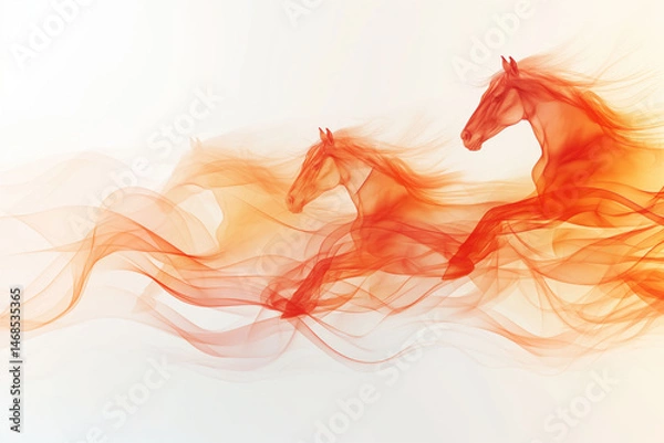 Fototapeta Dynamic Abstract Vector Background Featuring Galloping Horses With Flame Trails on a Clean White Backdrop