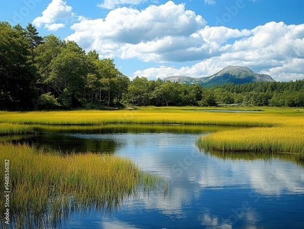 Obraz Serene Mountain Lake Landscape with Golden Grass and Lush Green Trees