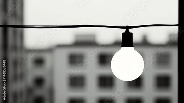 Obraz Single Illuminated Lightbulb Hanging Outdoors Against Blurred City Building Background