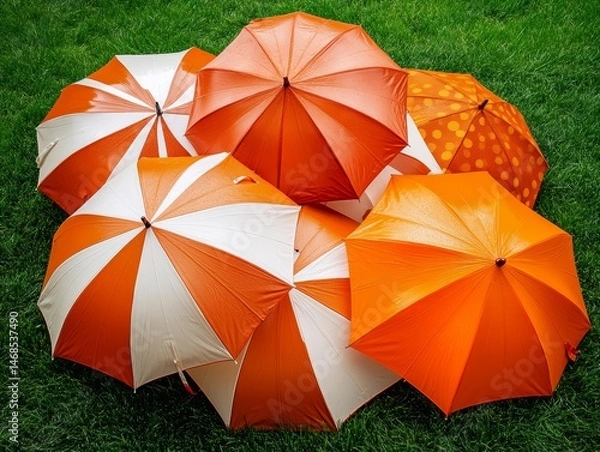 Obraz Colorful Orange and White Umbrellas on Green Grass After Rain