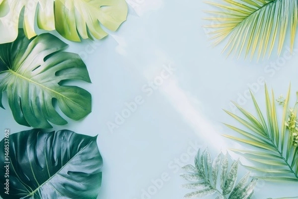 Obraz Lush Tropical Greenery Frame Monstera Palm Exotic Leaves on Light Blue Background