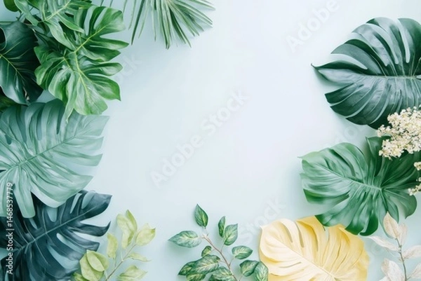Obraz Lush Tropical Monstera Leaves Palm Floral Frame on Pastel Blue Background