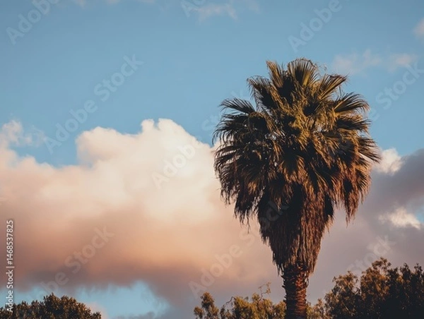 Obraz Majestic Palm Tree Silhouette Against a Dramatic Sunset Sky with Fluffy Clouds