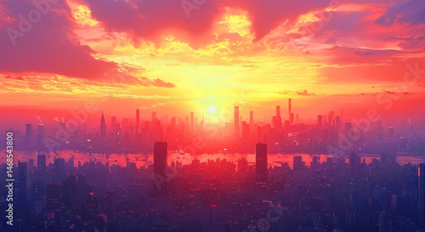Fototapeta Urban sunset cityscape background ultra realistic painting of high-rise silhouettes against a molten sky of tangerine and violet, with window glows flickering like fireflies under descending dusk back