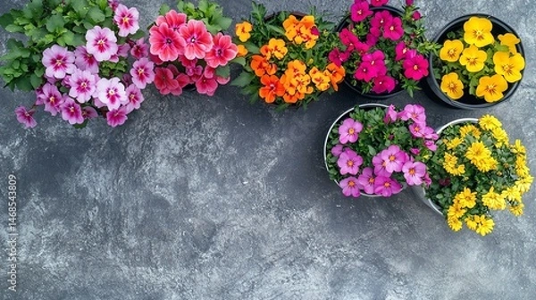 Obraz Overhead view of colorful potted flowers arranged on a textured gray surface vibrant blossoms create a lively contrast with the rough background inviting natural beauty