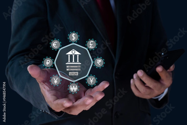 Fototapeta Businessman using smartphone for digital payment with world currency on virtual screen. online exchange and the importance of managing money, internet network security technology. Fintech concept.