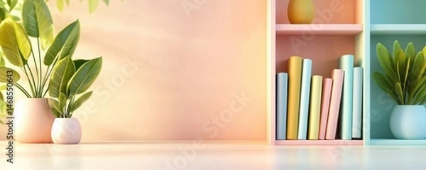 Fototapeta A colorful cartoon bookshelf with pastel tones indoor space visual art cozy environment close-up view creative design concept