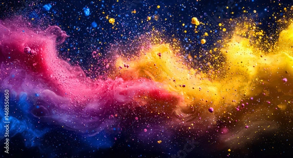 Fototapeta Vivid abstract splatter effect background with swirling droplets of electric yellow and neon purple, scattering across a gradient backdrop as if propelled by dynamic kinetic force background jpg