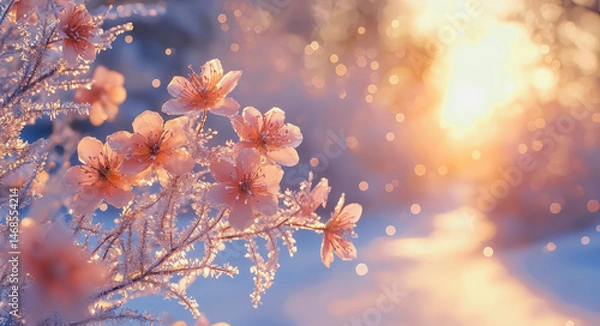 Fototapeta Winter ice fantasy with soft shimmering frost veils and ethereal pale teal winds, drifting like spectral ribbons across a silent snowy plain background jpg