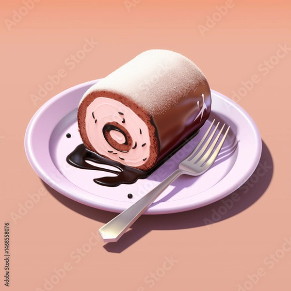 Obraz slice of cake on plate.strawberry cake on a plate, Beautifully cake, served on a light purple plate with a fork on the side.