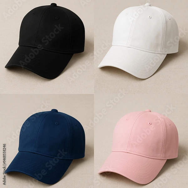 Fototapeta Plain baseball cap style hats arranged in a 2x2 formation on a neutral colored fabric background. The hat colors are black, white, navy blue, and pastel pink. This hat style is suitable for everyday 