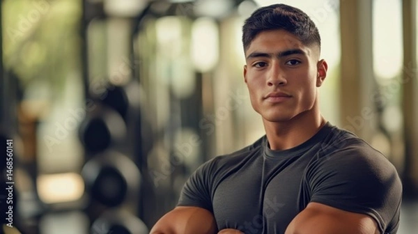 Fototapeta Young muscular man posing confidently in a fitness center with weights in the background, showcasing strength and determination in a vibrant gym environment